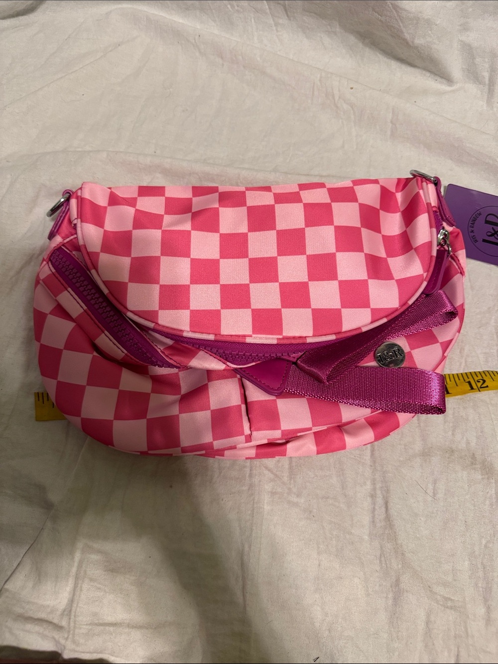 Pink Checkered Crossbody Bag with Adjustable Strap - Unbranded